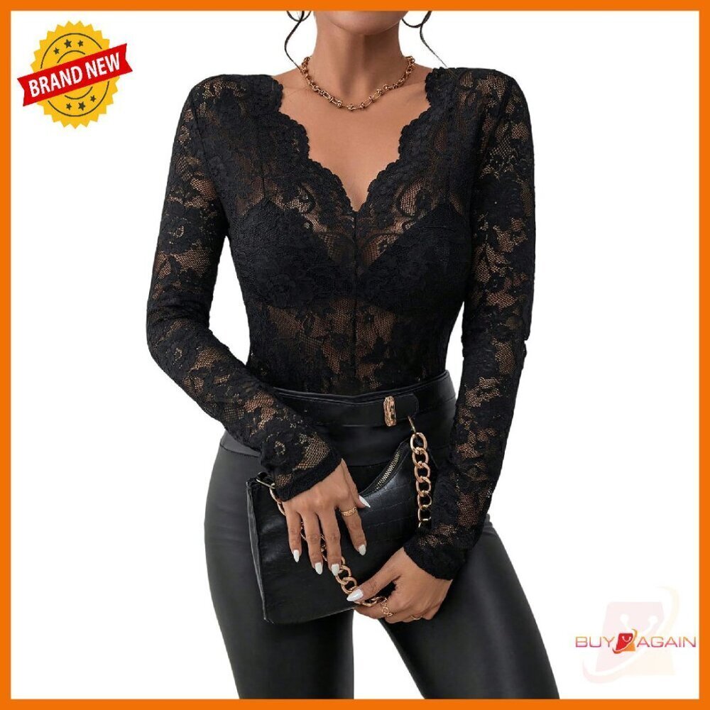 Plus Size Floral Lace Sheer V-Neck Long Sleeve Tee Club Top